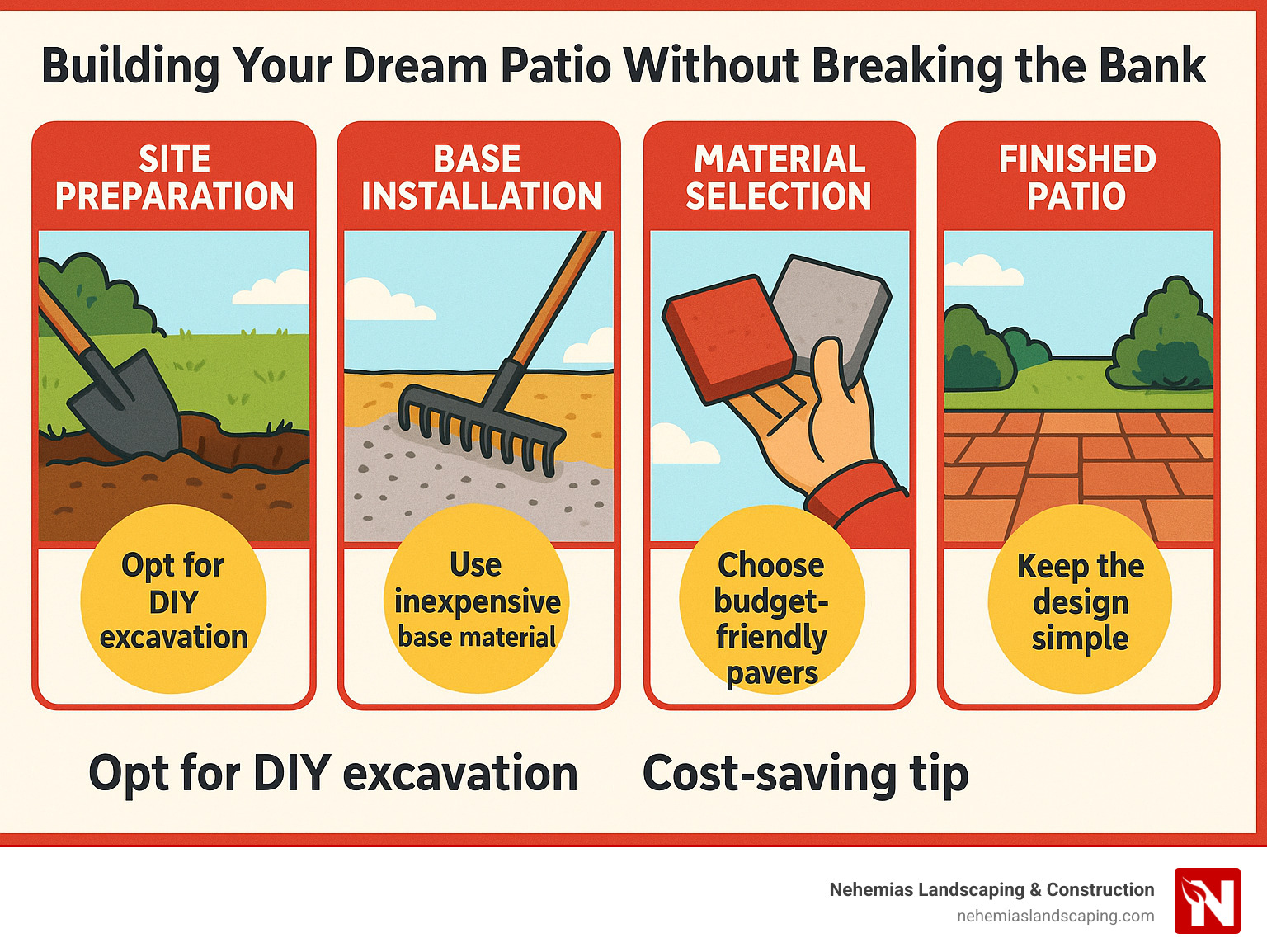 Infographic titled "Building Your Dream Patio Without Breaking the Bank," featuring four sections: Site Preparation with a shovel, Base Installation with a rake, Material Selection with hands holding pavers, and Finished Patio showcasing a completed outdoor space, emphasizing budget-friendly tips from Nehemias Landscaping & Construction.