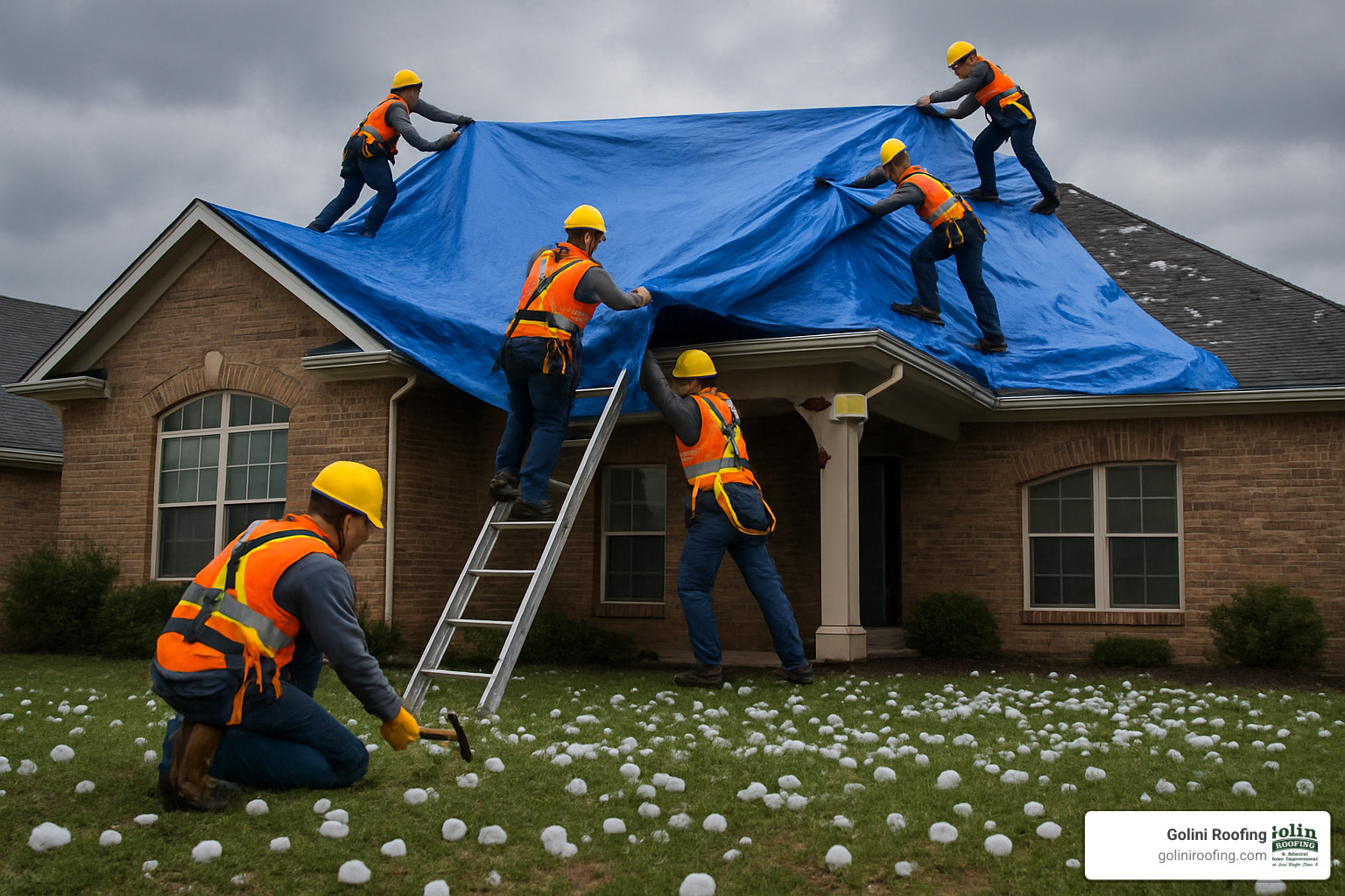 crew securing blue tarp after hail damage - roof installation companies