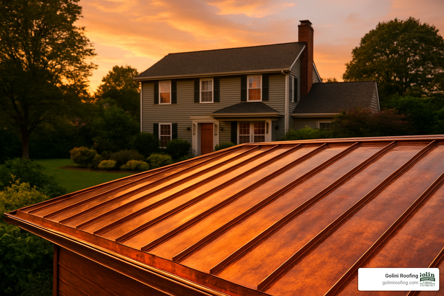 copper standing-seam roof glistening at sunset - roof installation companies
