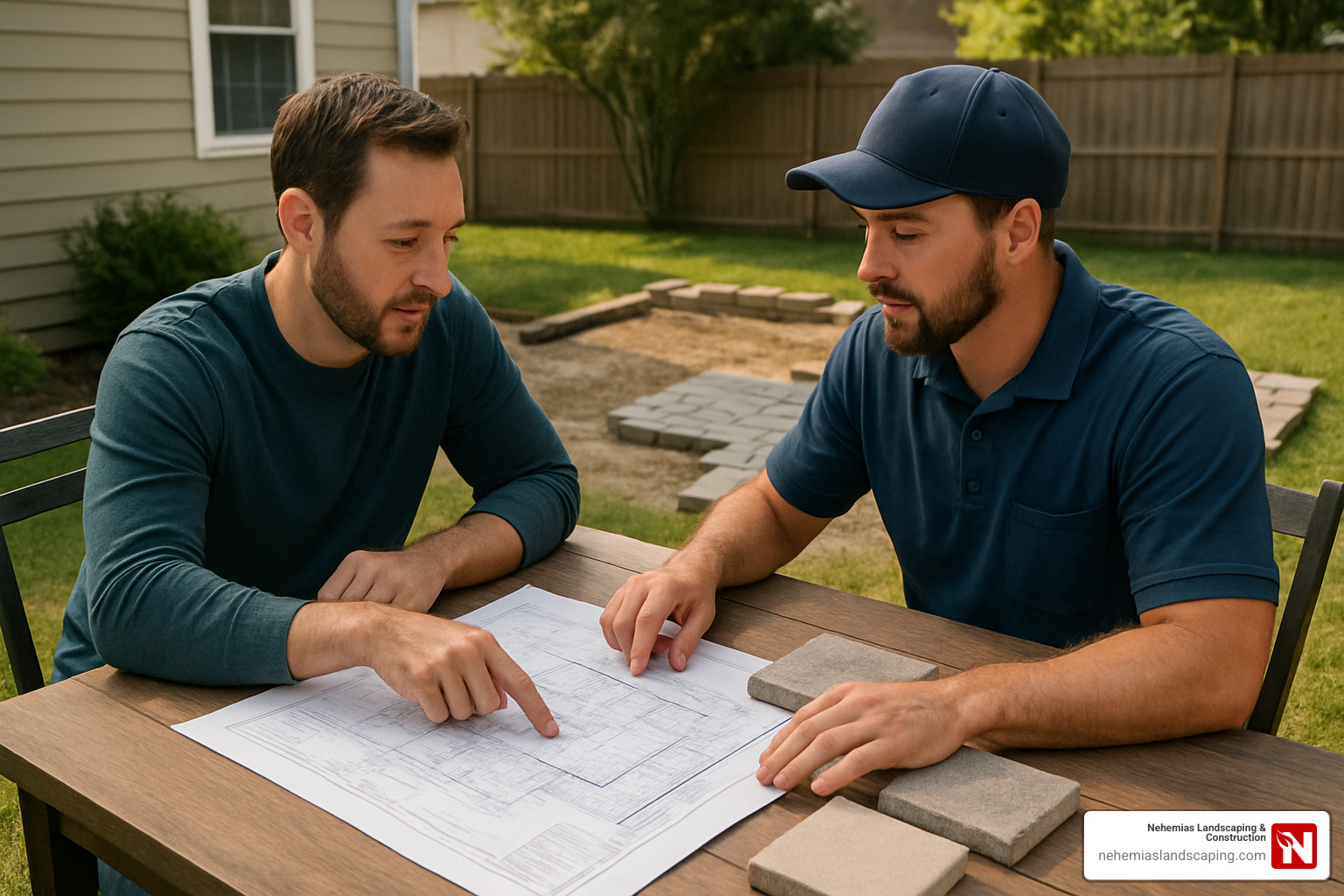 Two men discussing patio construction plans over a blueprint on a table, with paver stones and a partially prepared yard in the background, emphasizing the importance of detailed project discussions for affordable patio building.
