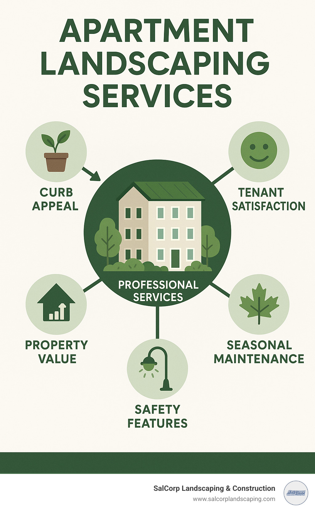 Comprehensive diagram showing the relationship between professional apartment landscaping services and property benefits including curb appeal, tenant satisfaction, property value, safety features, and seasonal maintenance requirements - apartment landscaping services infographic 