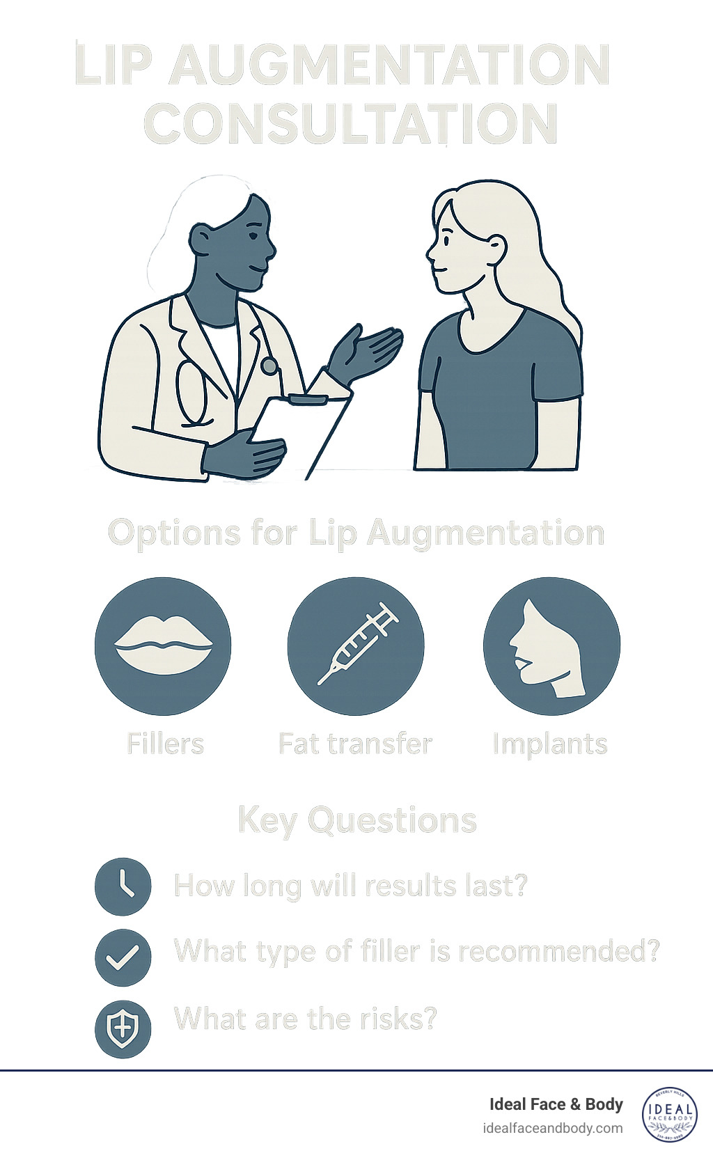 Doctor discussing lip augmentation options with patient - Lip augmentation consultation infographic 
