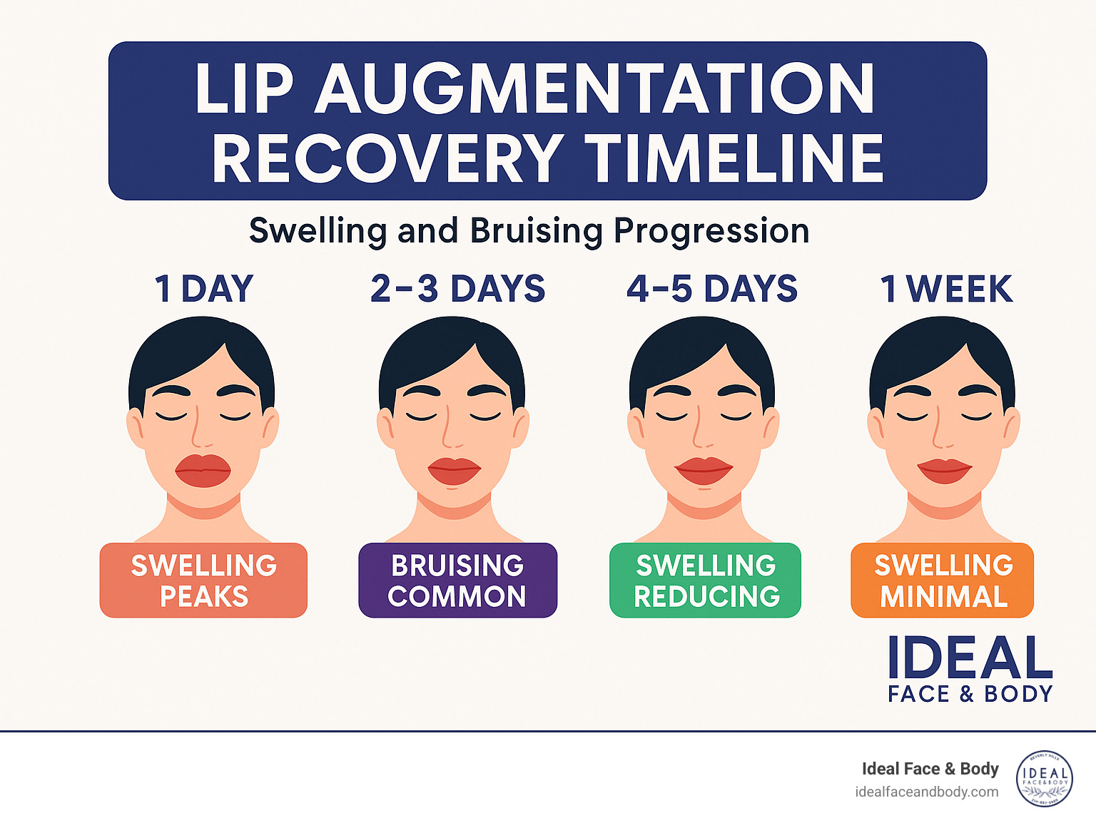 Lip augmentation recovery timeline showing swelling and bruising progression - Lip augmentation consultation infographic 