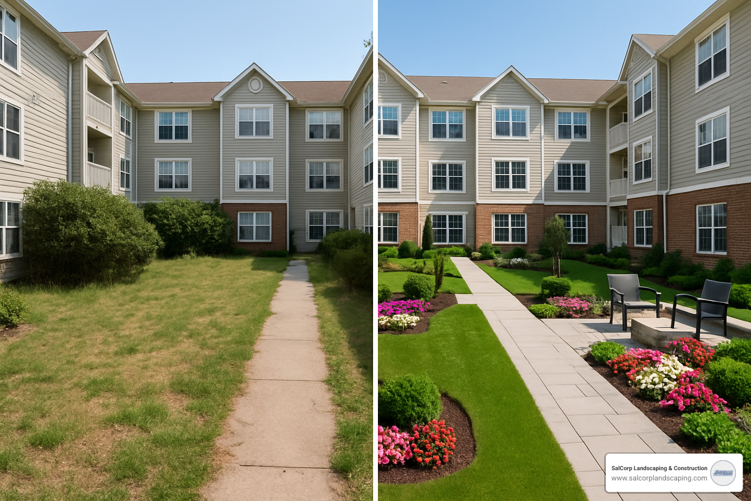 before and after change of apartment complex landscape - apartment landscaping services