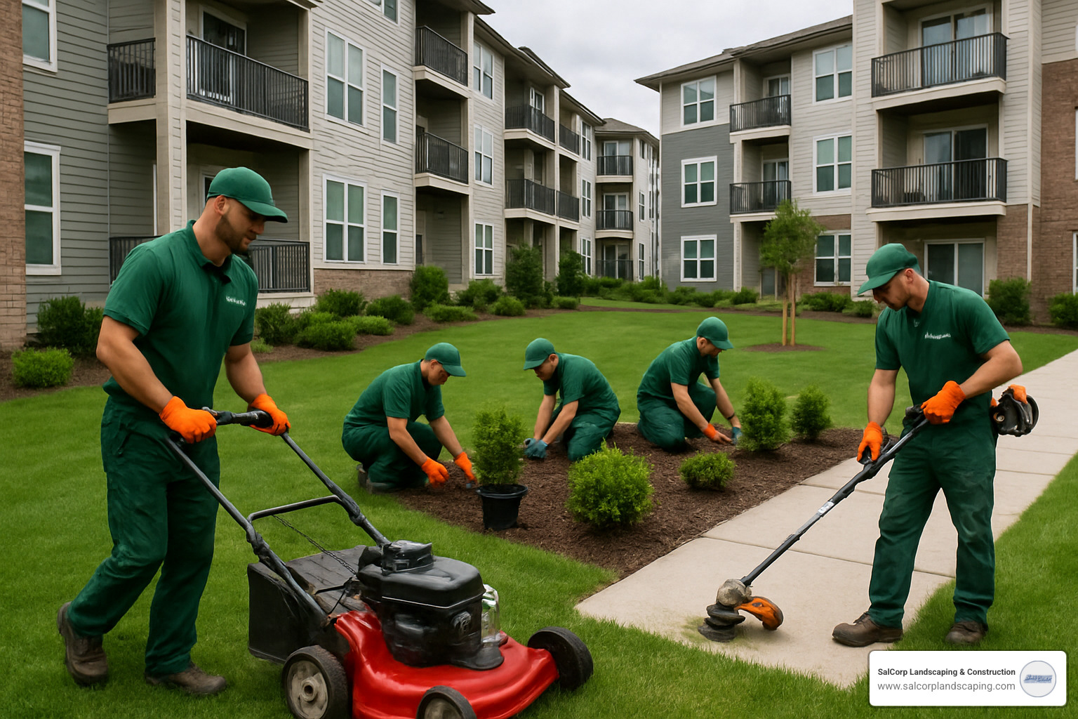 professional landscaping crew working at apartment complex - apartment landscaping services