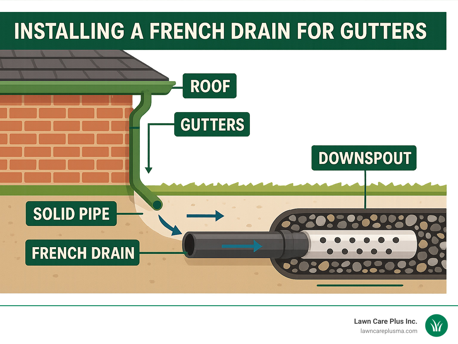 Diagram showing complete gutter to French drain system with labeled components including roof, gutters, downspouts, solid pipe, French drain with perforated pipe in gravel bed, filter fabric, and water flow direction arrows - installing a french drain for gutters infographic 