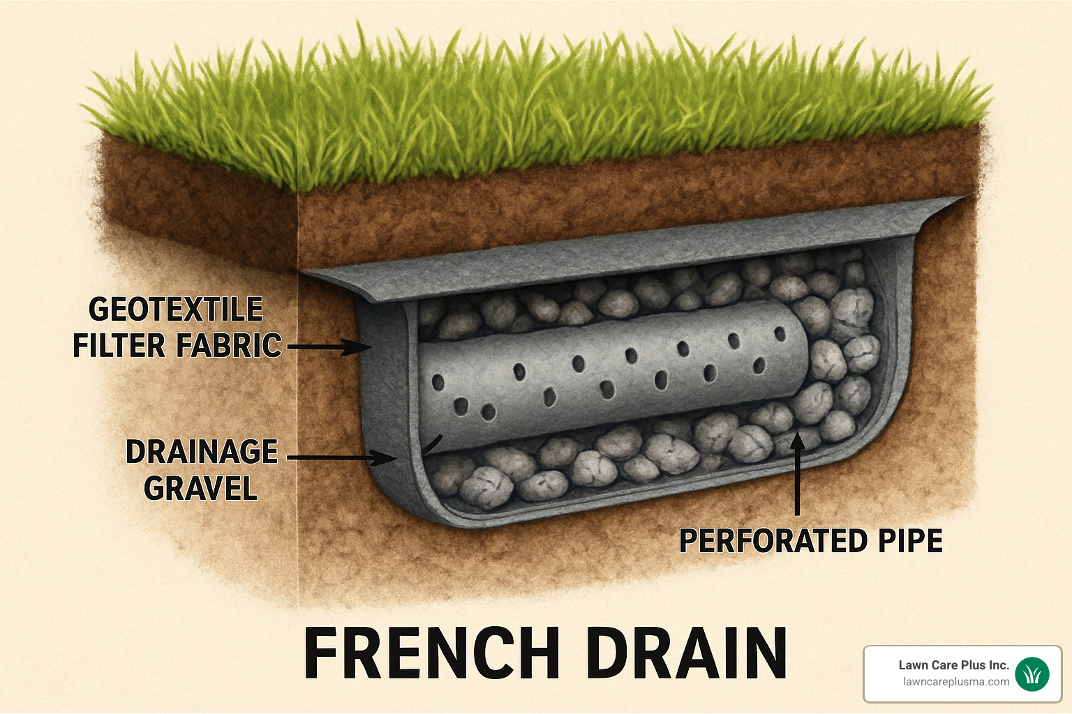 cross section of french drain showing layers of fabric, gravel and pipe - installing a french drain for gutters