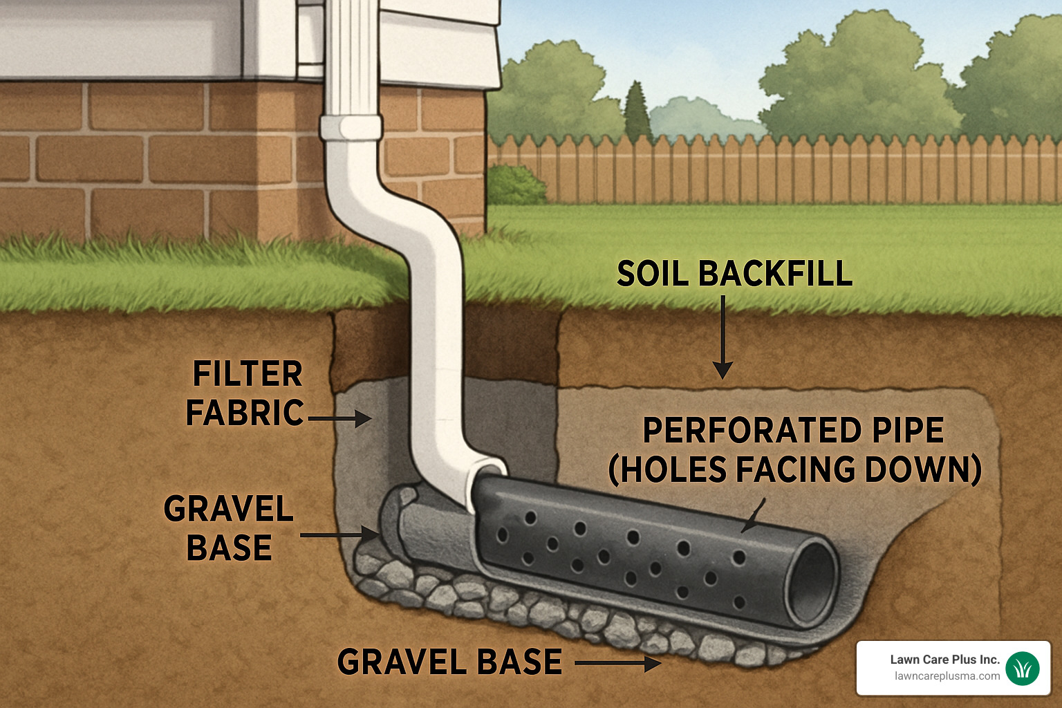 cross section diagram of completed french drain installation - installing a french drain for gutters