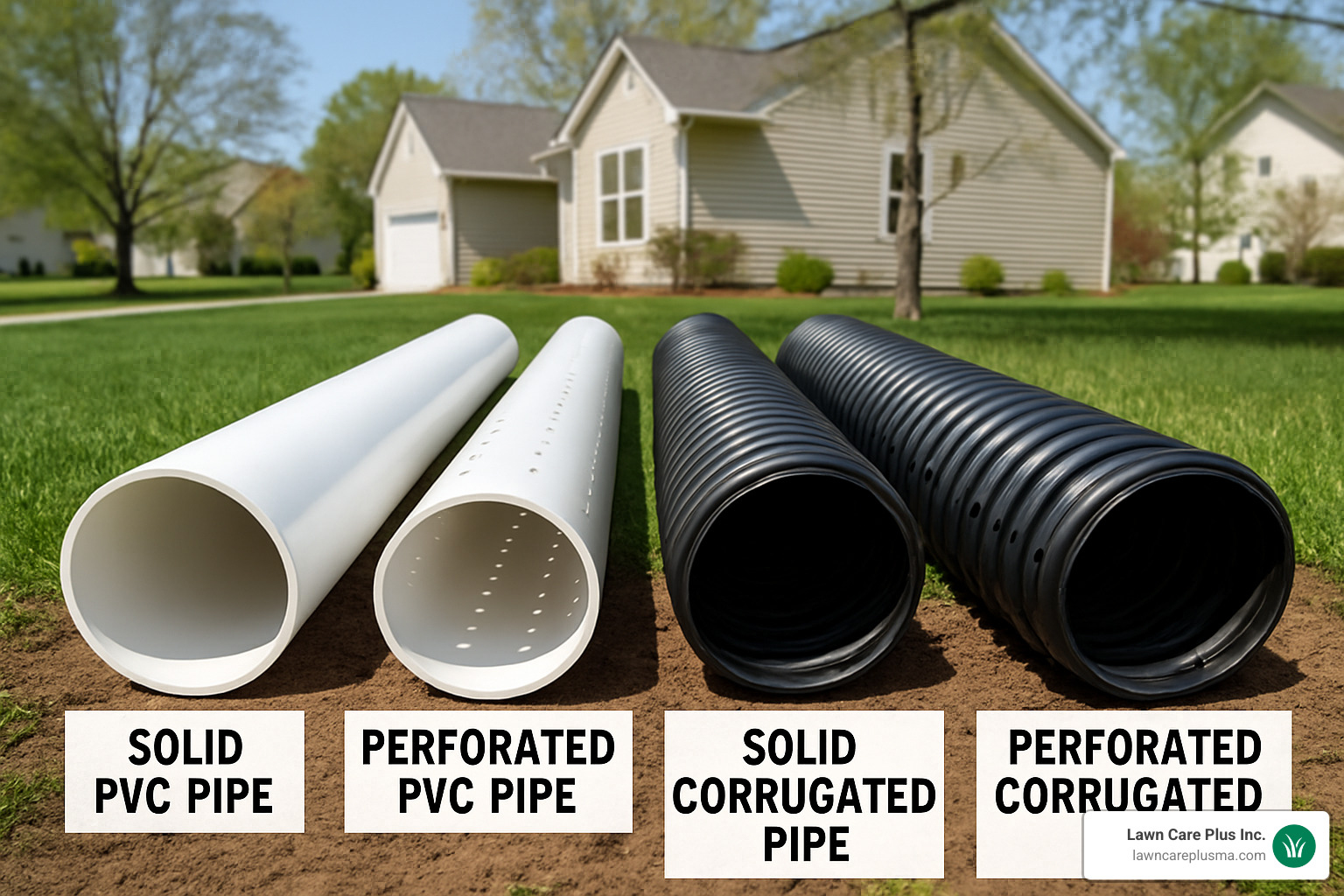 different types of drainage pipes including perforated and solid PVC - installing a french drain for gutters