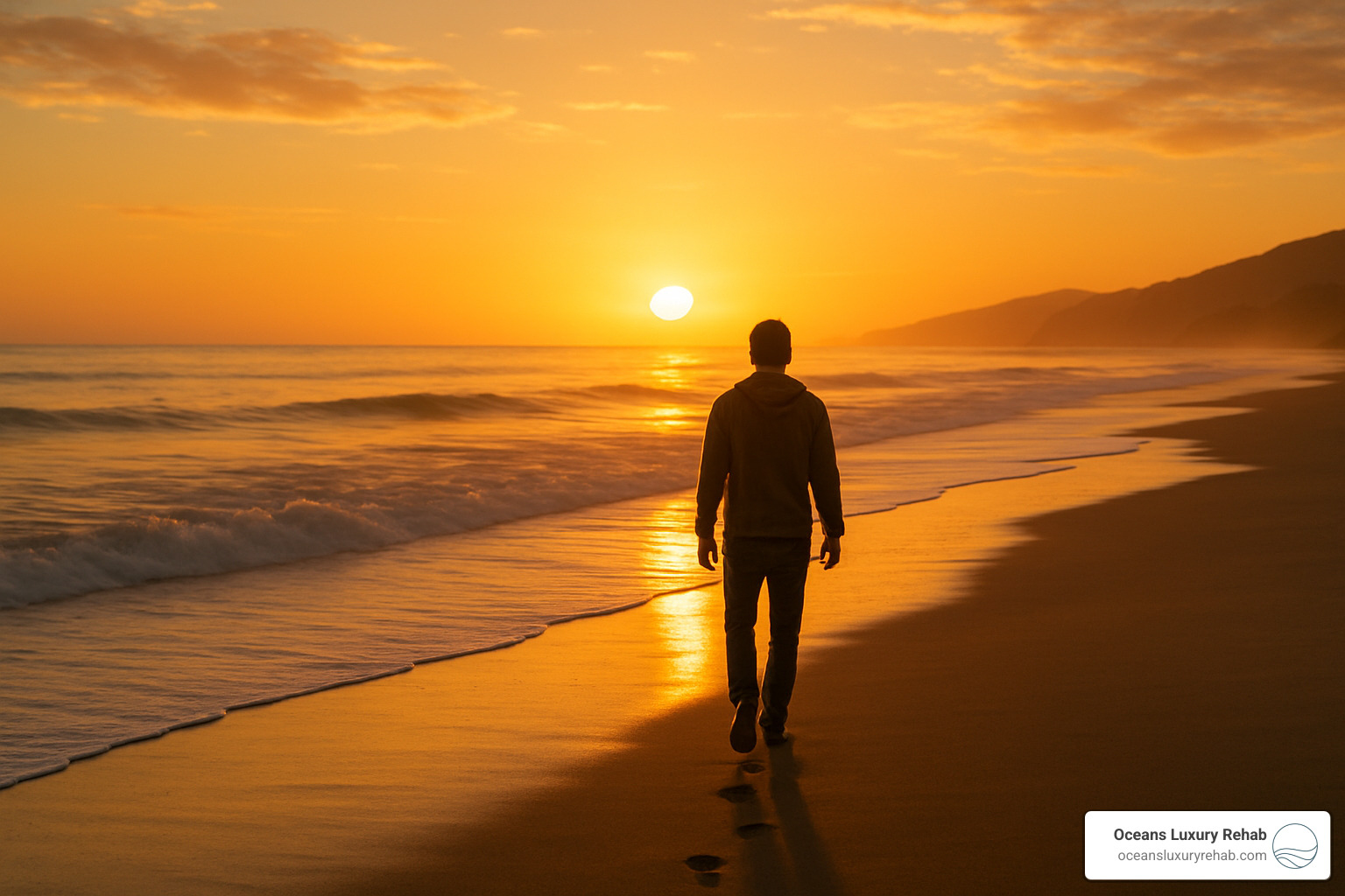 Person walking on beach at sunset symbolizing new beginnings - Detox facilities California