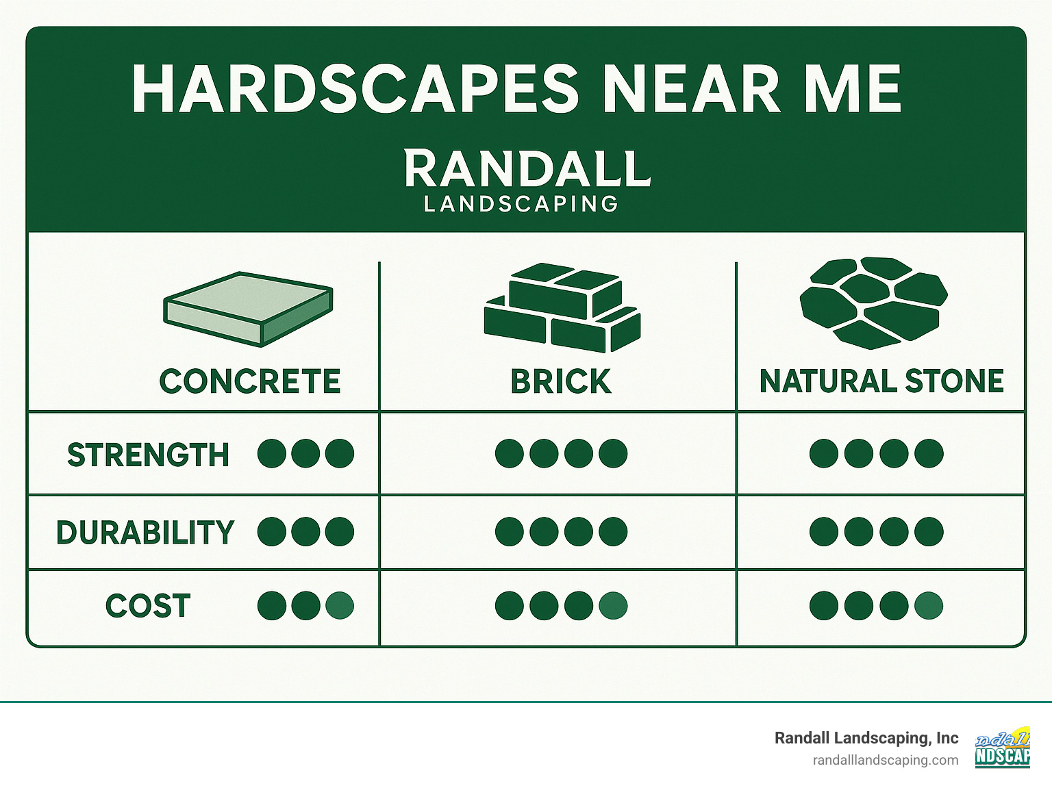 Comparison table of concrete vs brick vs natural stone showing strength, durability, and cost factors - hardscapes near me infographic 