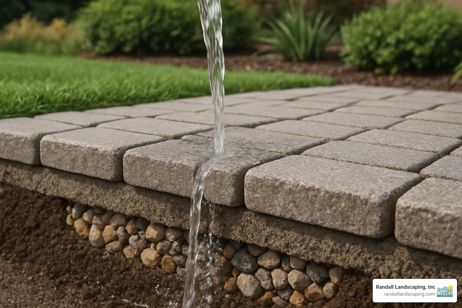 Permeable paver system showing water drainage capabilities - hardscapes near me