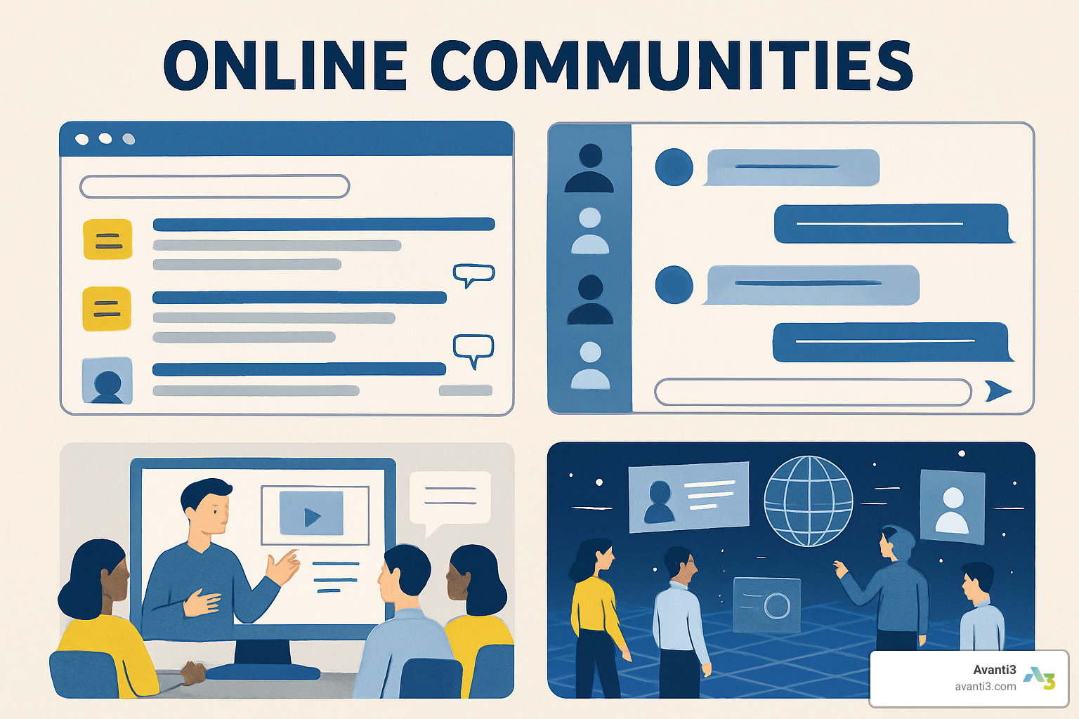 Different types of online community platforms including discussion boards, chat platforms, learning communities, and next-gen digital spaces - online community building software Different types of online community platforms including discussion boards, chat platforms, learning communities, and next-gen digital spaces - online community building software