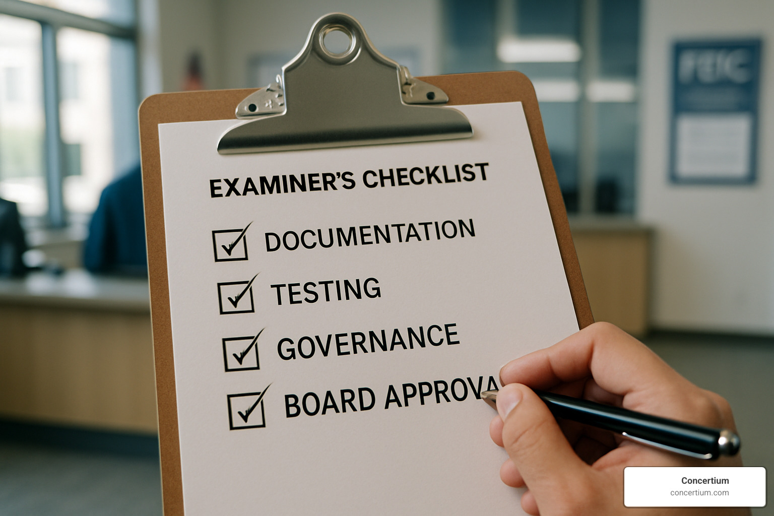 Examiner checklist with checkmarks next to documentation, testing, governance, and board approval items - bank secrecy act risk assessment