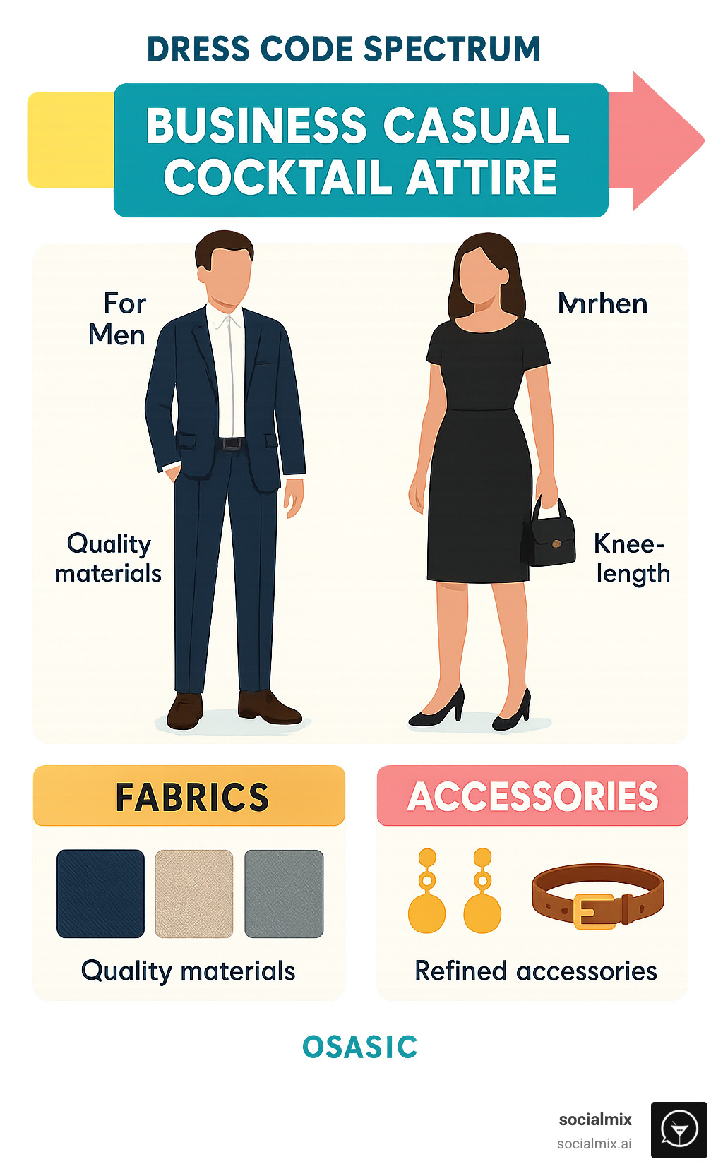 Business Casual Cocktail Attire Dress Code Spectrum showing where it falls between business casual and formal cocktail attire, with specific outfit examples for men and women, fabric recommendations, and accessory guidelines - business casual cocktail attire infographic 