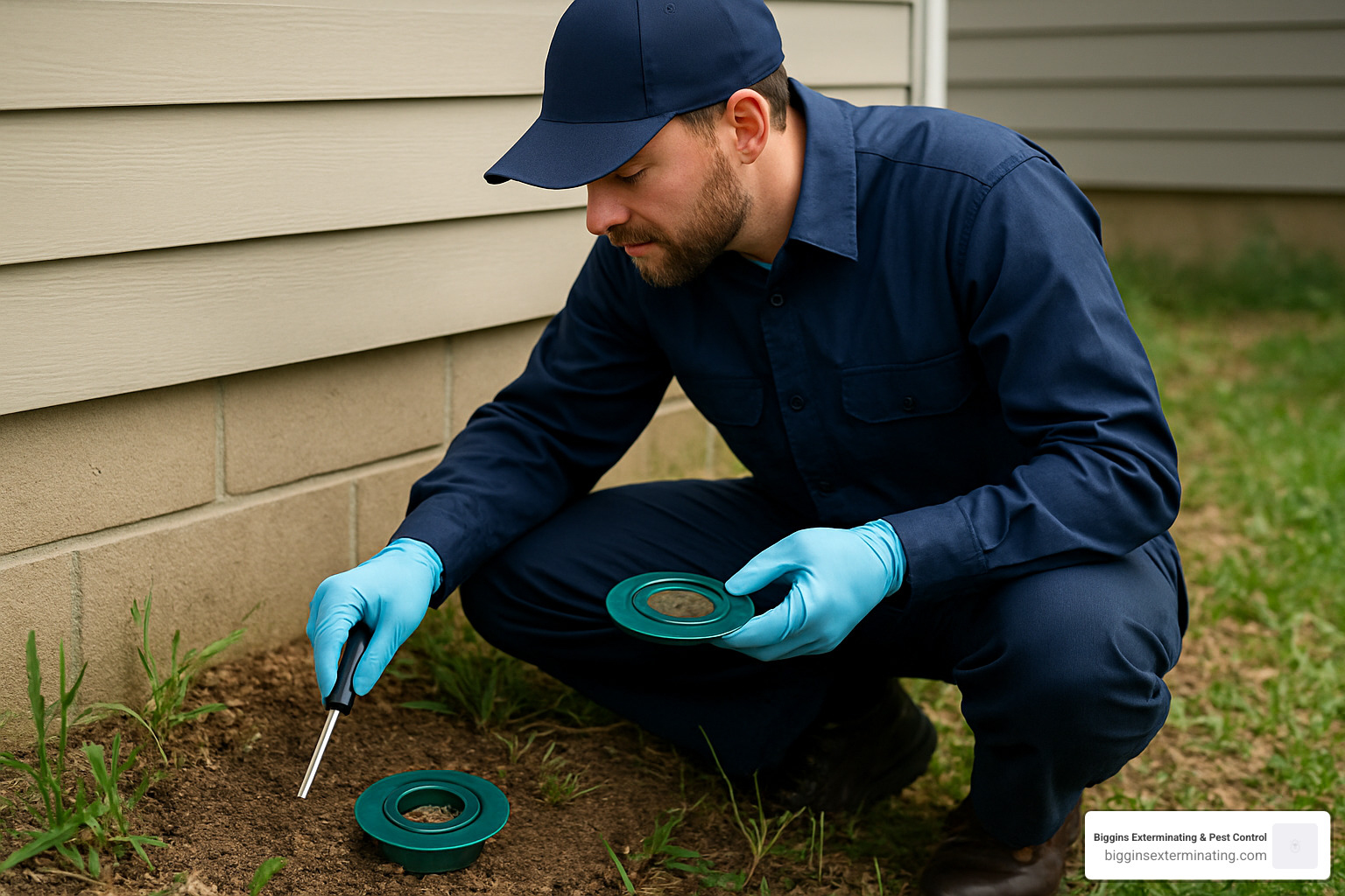 termite inspector checking bait station - termite barrier treatment
