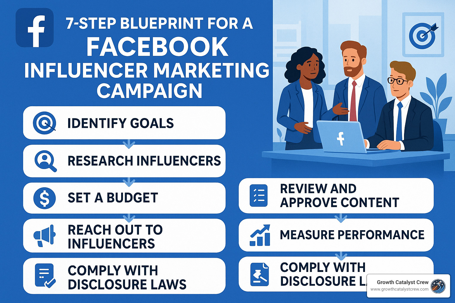 Facebook influencer marketing campaign blueprint showing 7 steps - facebook influencer marketing