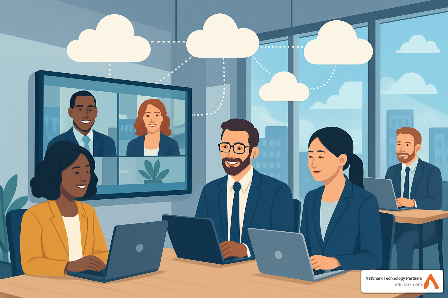 Global team collaborating via cloud unified communications - cloud based unified communications