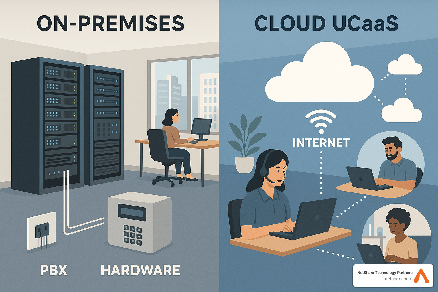 Comparison of on-premises UC versus cloud-based UCaaS showing infrastructure differences - cloud based unified communications