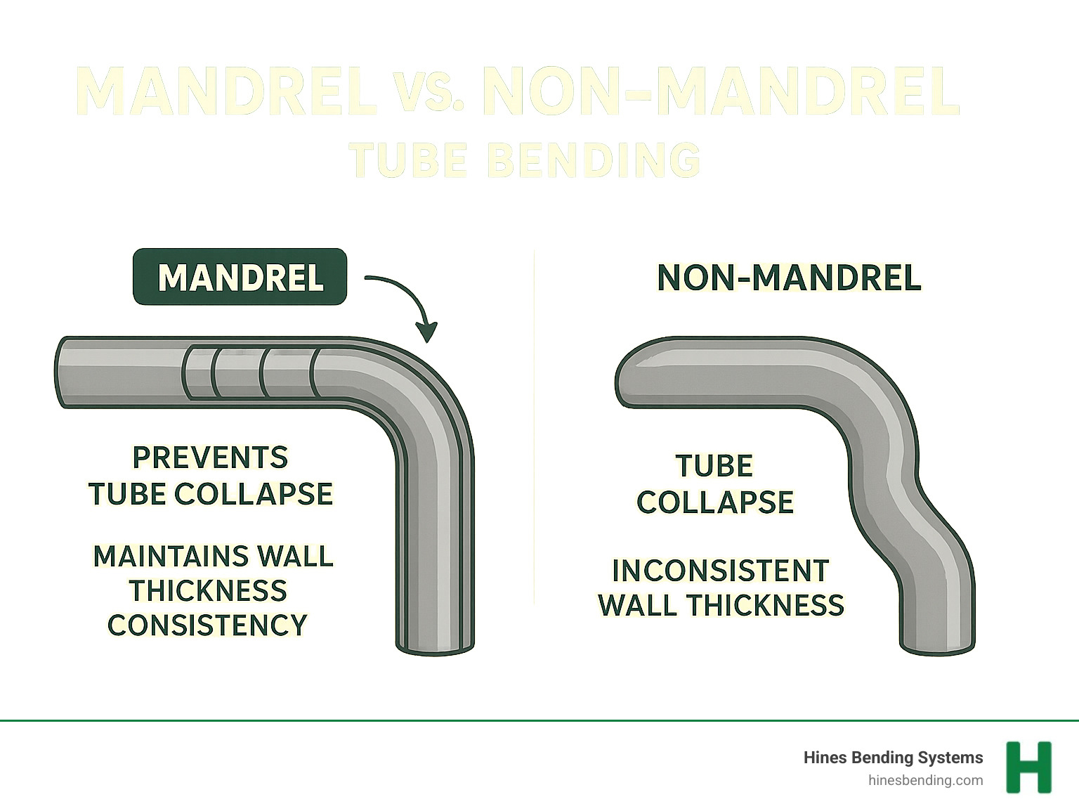 Mandrel vs. non-mandrel tube bending comparison showing how mandrel benders prevent tube collapse while maintaining wall thickness consistency - used mandrel tube bender for sale infographic 