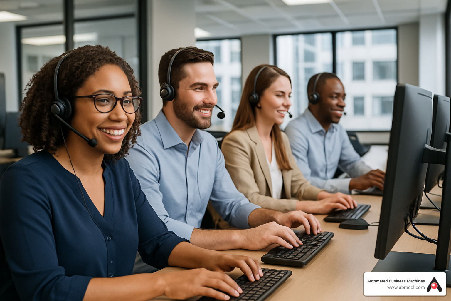 helpdesk support team assisting customers - printer contract companies