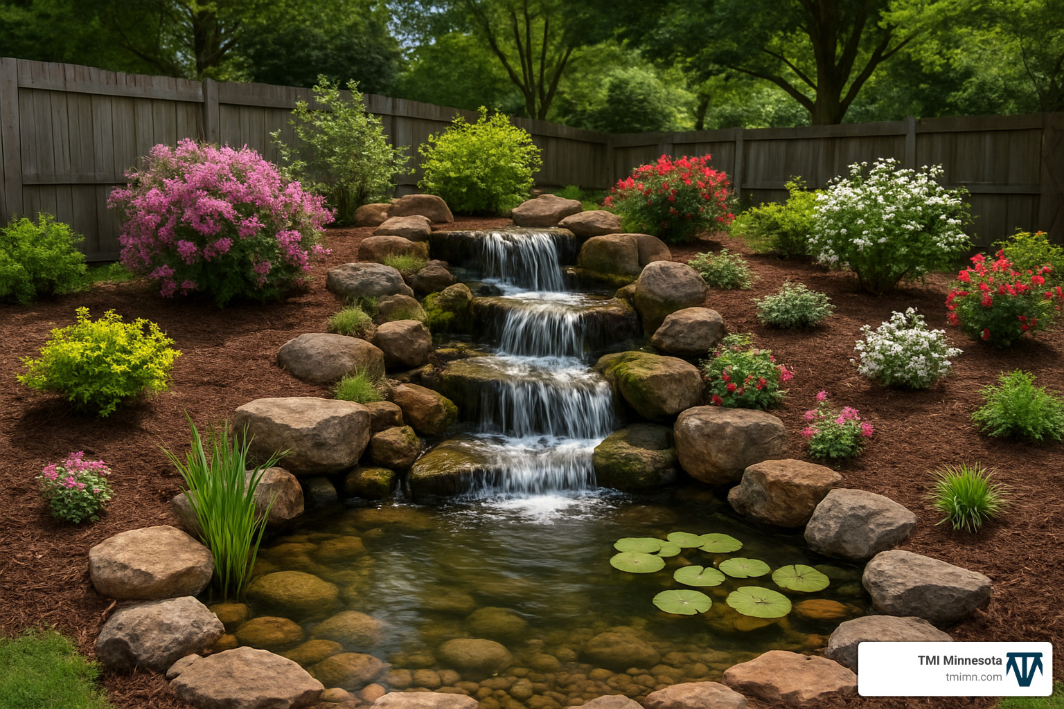 53305286c34b2f24460d97cace6fabf91b915357 Tranquil Transformations: Installing Your Own Water Feature Upgrade your yard with water feature installations—add beauty, boost value, attract wildlife, and create your own relaxing backyard oasis. completed backyard water feature with landscaping - water feature installations