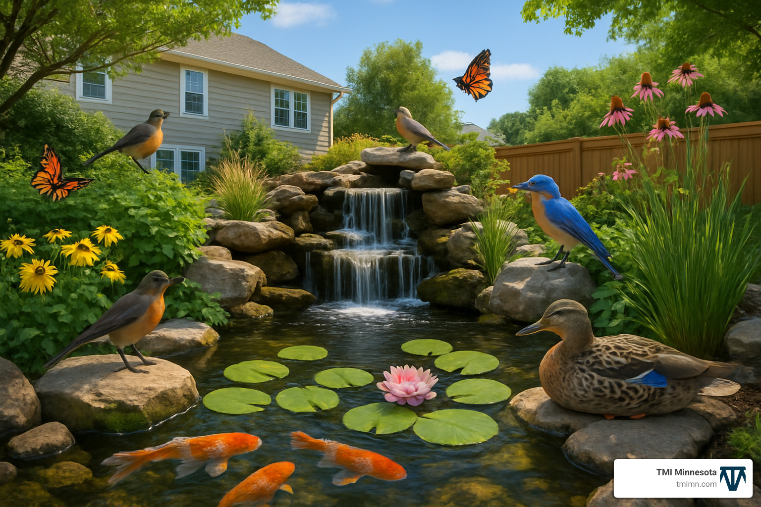 81937d3a2fd4c8327982e3a991dee4cc7eb227d5 Tranquil Transformations: Installing Your Own Water Feature Upgrade your yard with water feature installations—add beauty, boost value, attract wildlife, and create your own relaxing backyard oasis. backyard pond with waterfall and wildlife - water feature installations