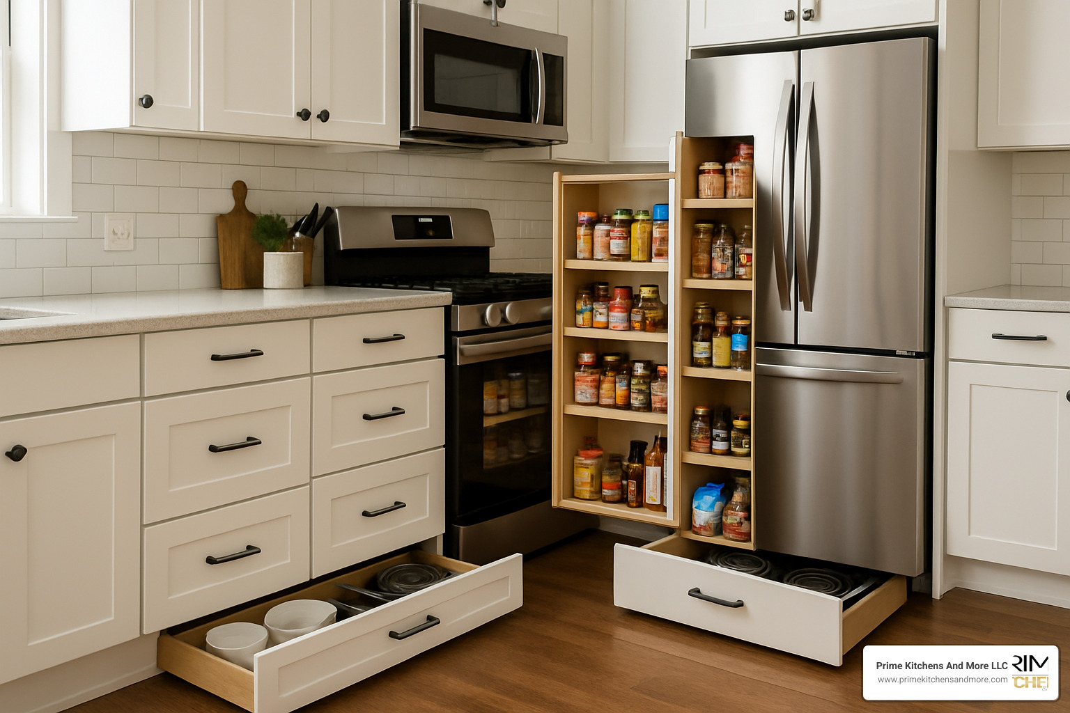 pull-out pantry and toe-kick drawers in kitchen - kitchen remodel ideas
