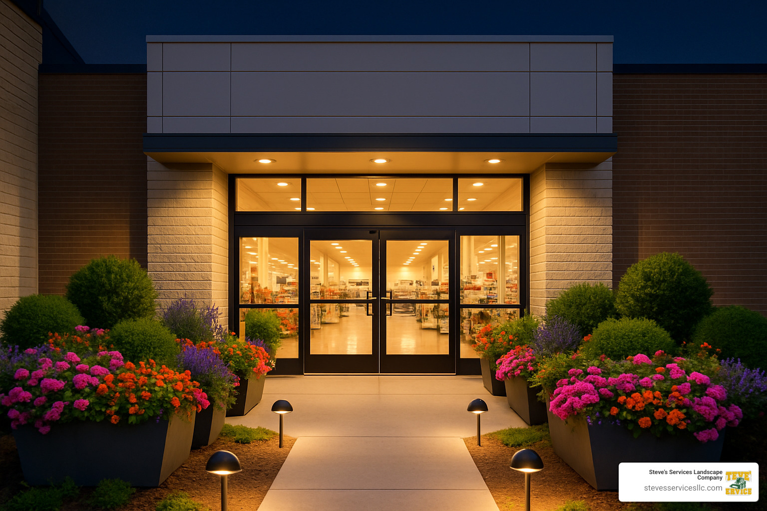 retail storefront entrance with planters and pathway lighting - commercial landscape design for retail properties
