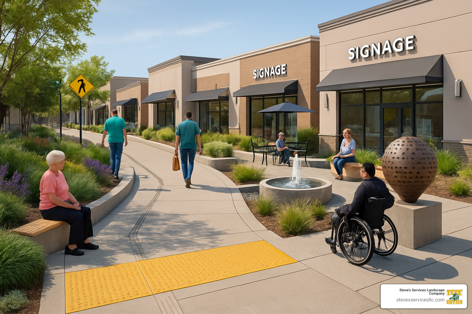accessible retail plaza with multi-sensory landscape elements - commercial landscape design for retail properties