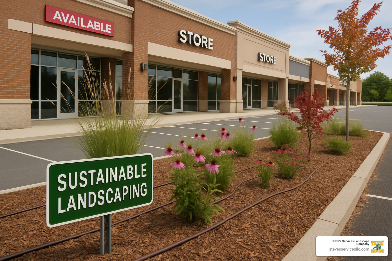 retail property with native plantings and efficient irrigation - commercial landscape design for retail properties