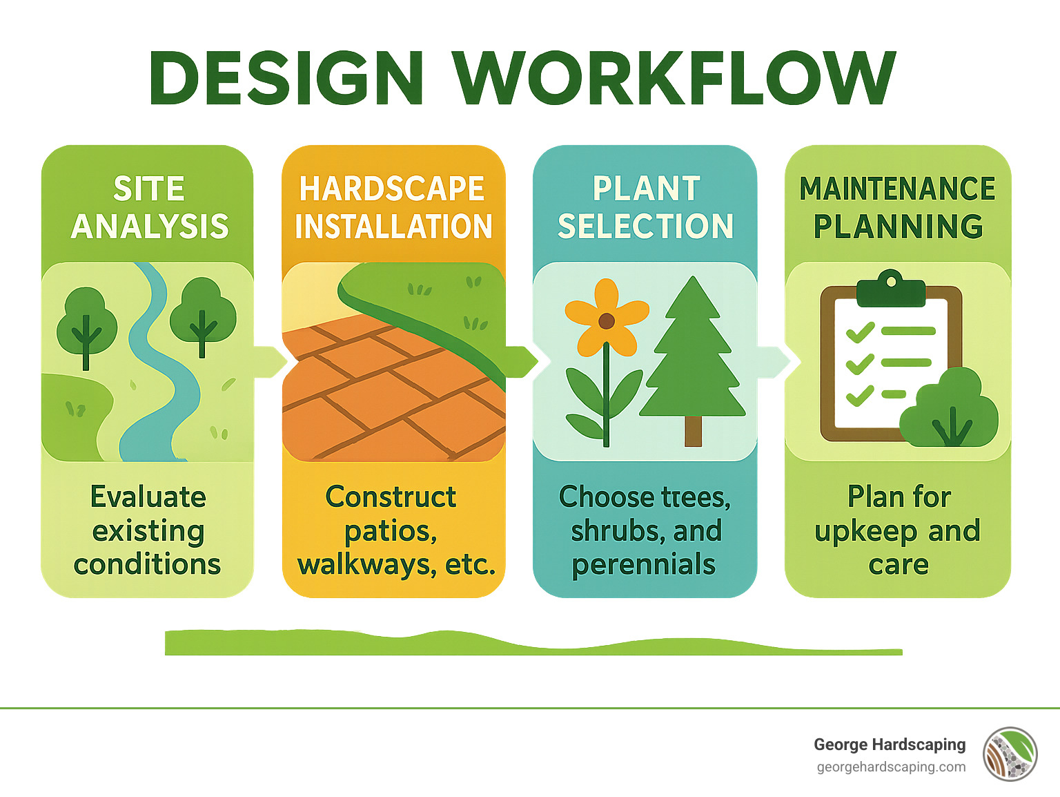 Infographic showing design workflow from site analysis through hardscape installation to plant selection and maintenance planning - landscaping and hardscaping infographic