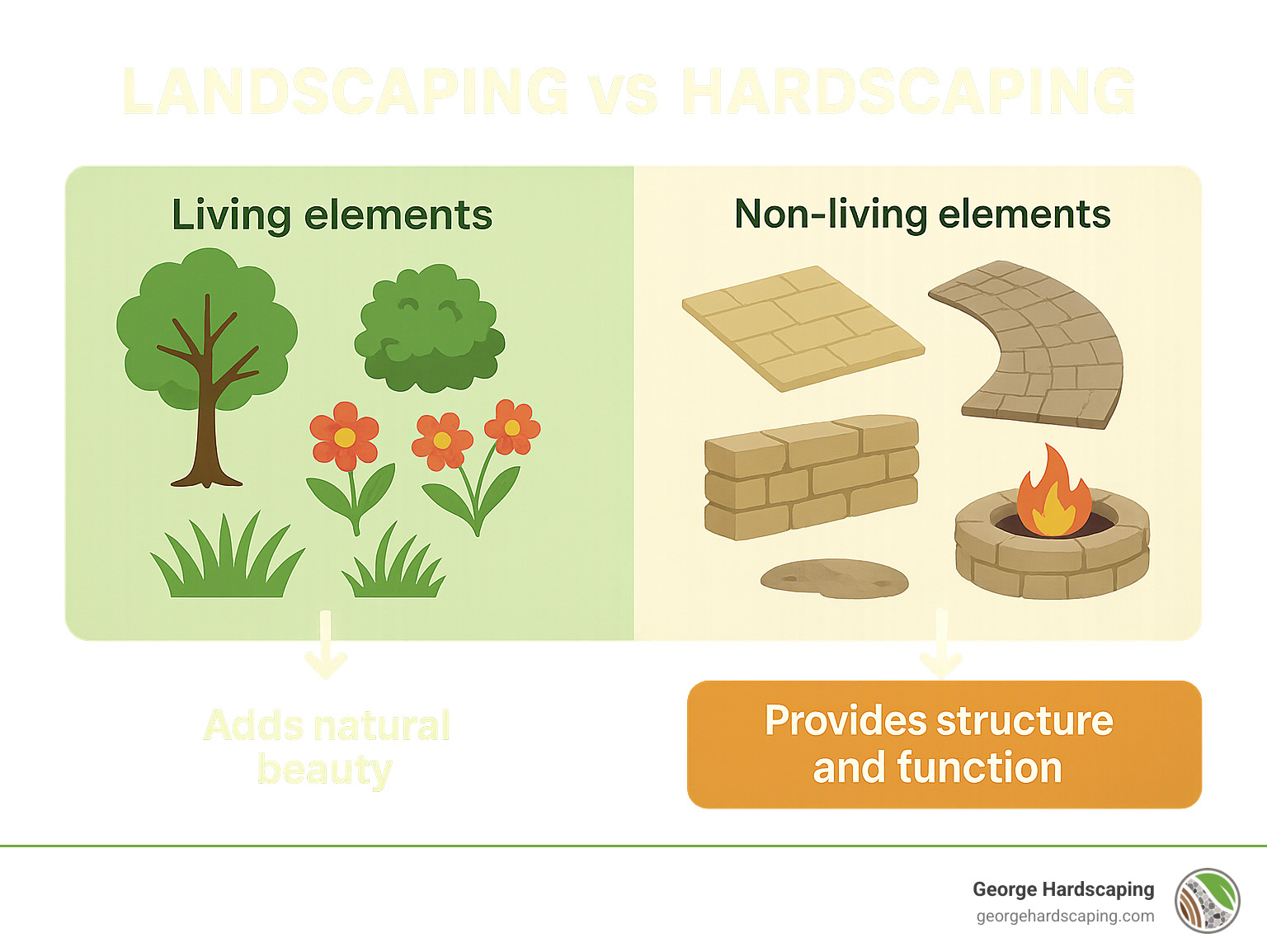 Infographic showing landscaping vs hardscaping with living elements (trees, shrubs, flowers, grass) on one side and non-living elements (patios, walkways, retaining walls, fire pits) on the other, with arrows pointing to benefits of each - landscaping and hardscaping infographic