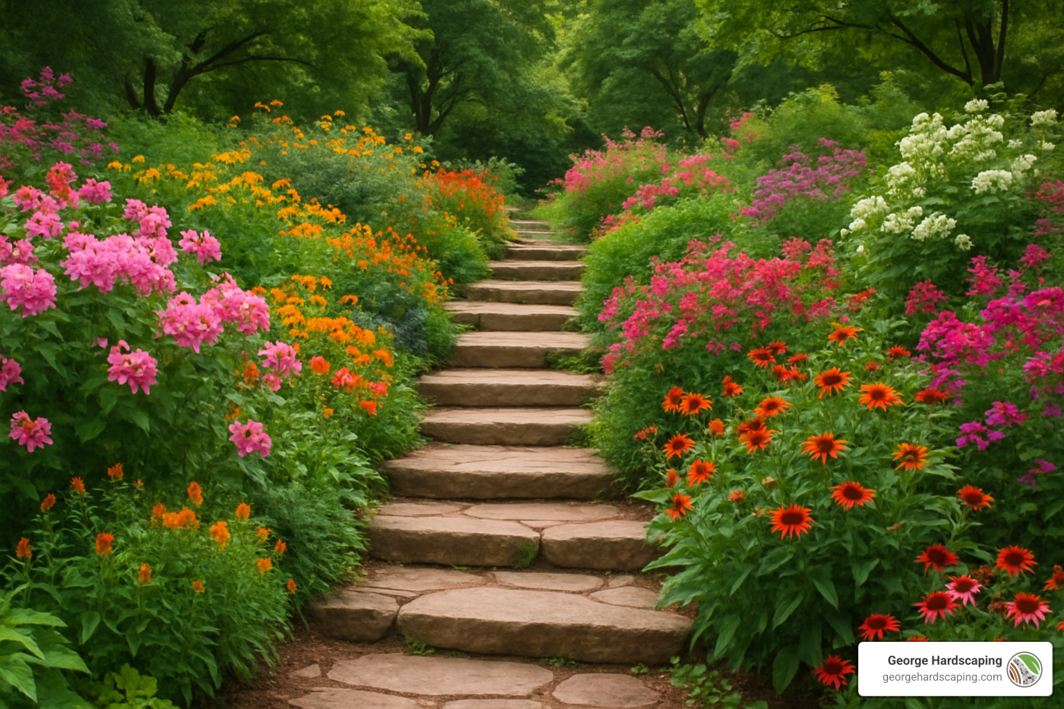 blooming garden pathway with stone steps - landscaping and hardscaping