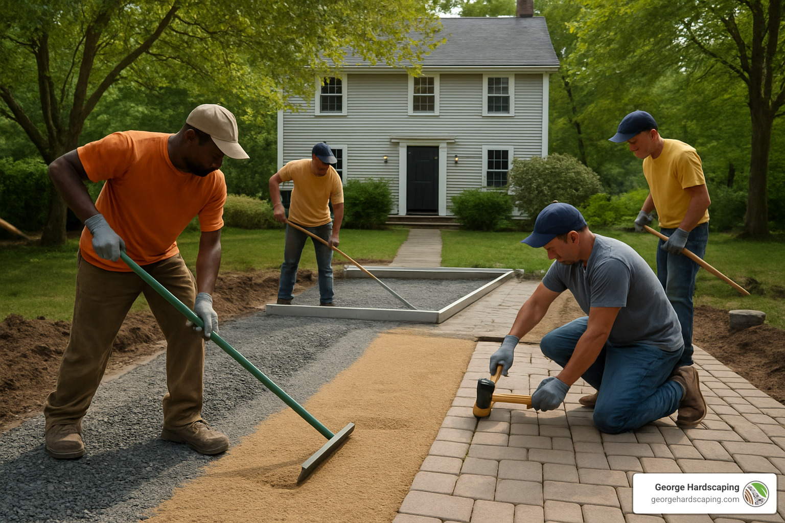 crew installing paver walkway with proper base preparation - landscaping and hardscaping