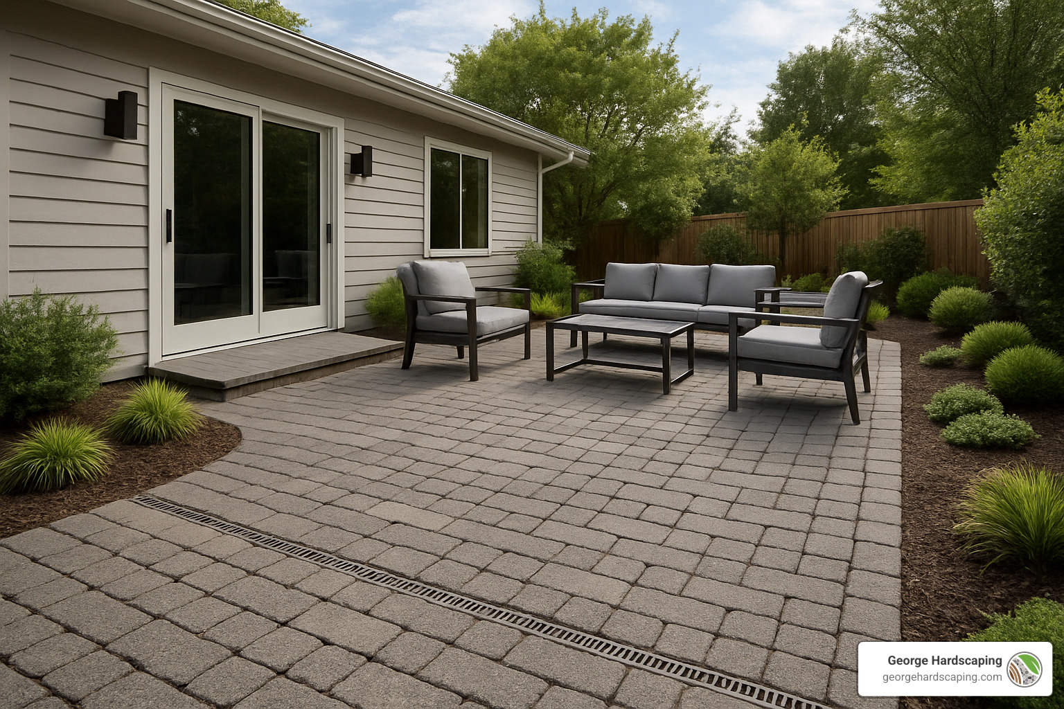 patio with permeable pavers and drainage solutions - landscaping and hardscaping