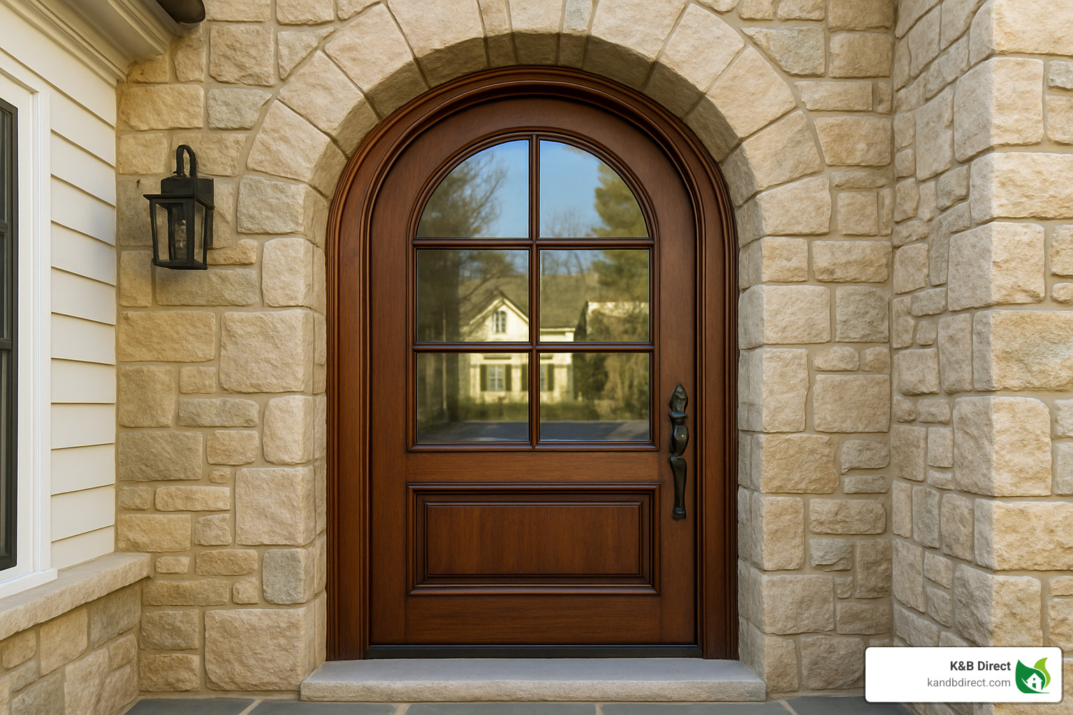 grand arched entry door with stone surround - arched entry doors