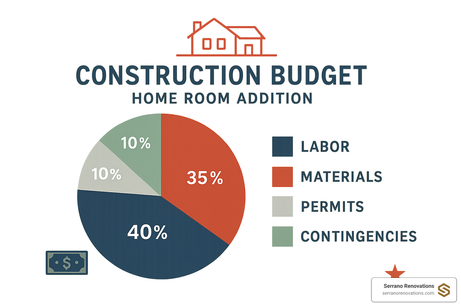 construction budget breakdown showing percentages for materials, labor, permits, and contingencies - room addition near me