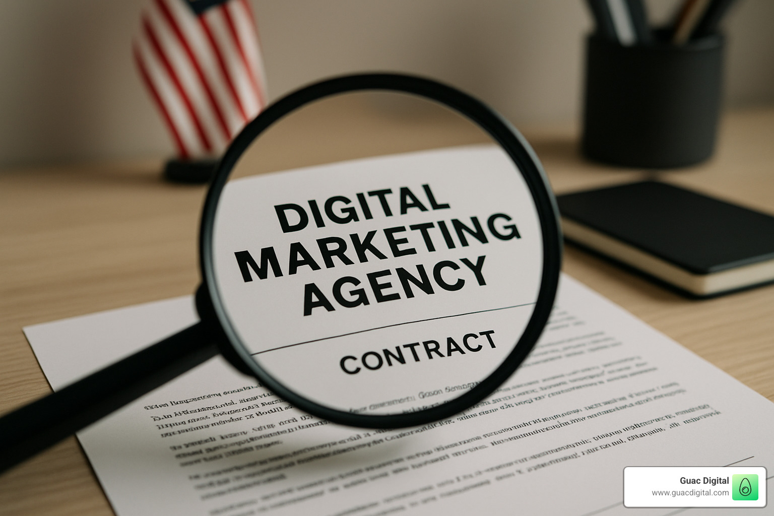 magnifying glass over marketing agency contract - how to choose a digital marketing agency