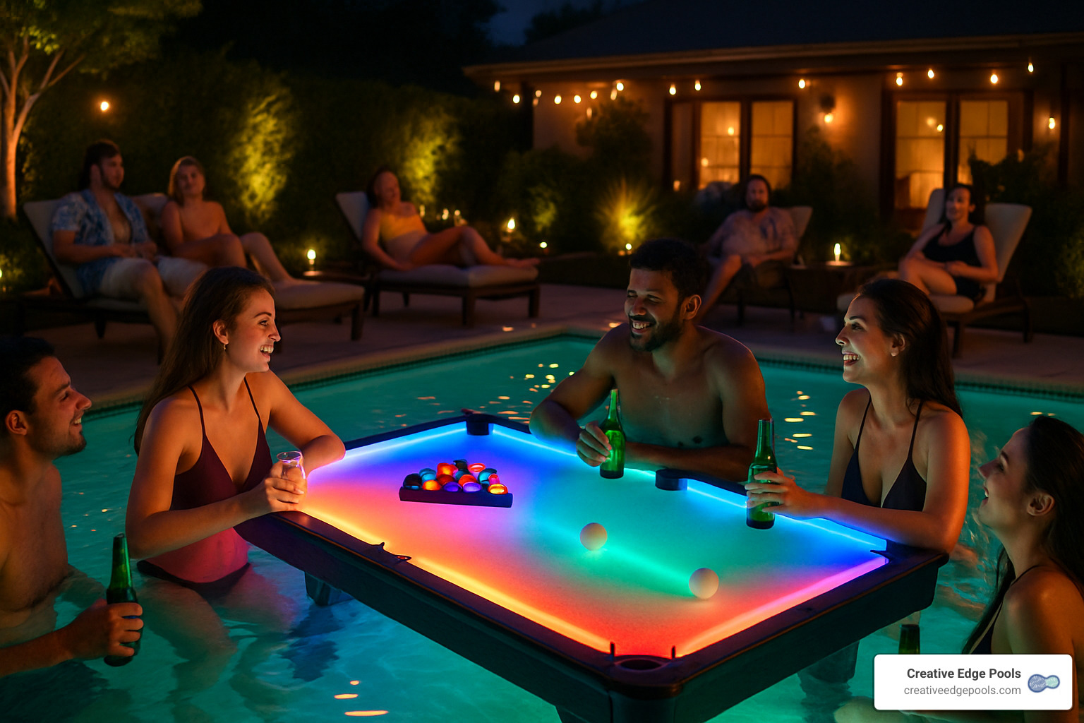evening pool party with illuminated LED swimming pool table - removable swimming pool table