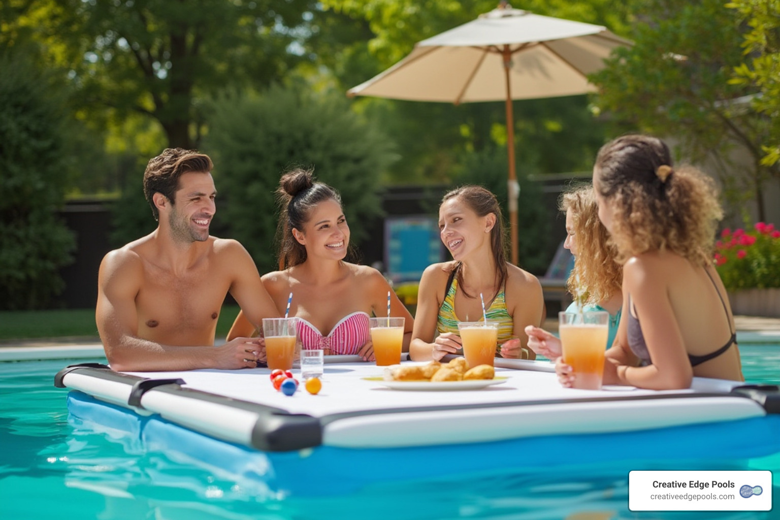 family enjoying drinks at a removable swimming pool table - removable swimming pool table