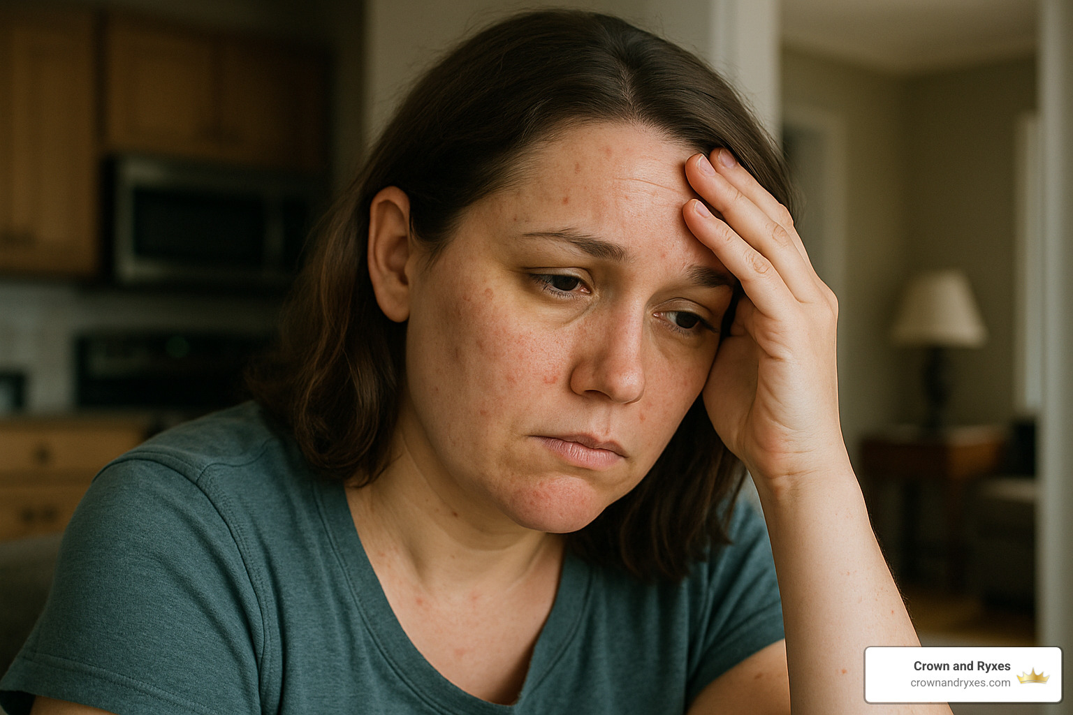Woman experiencing hormone imbalance symptoms including fatigue, mood swings, and skin issues - Hormonal balance for women
