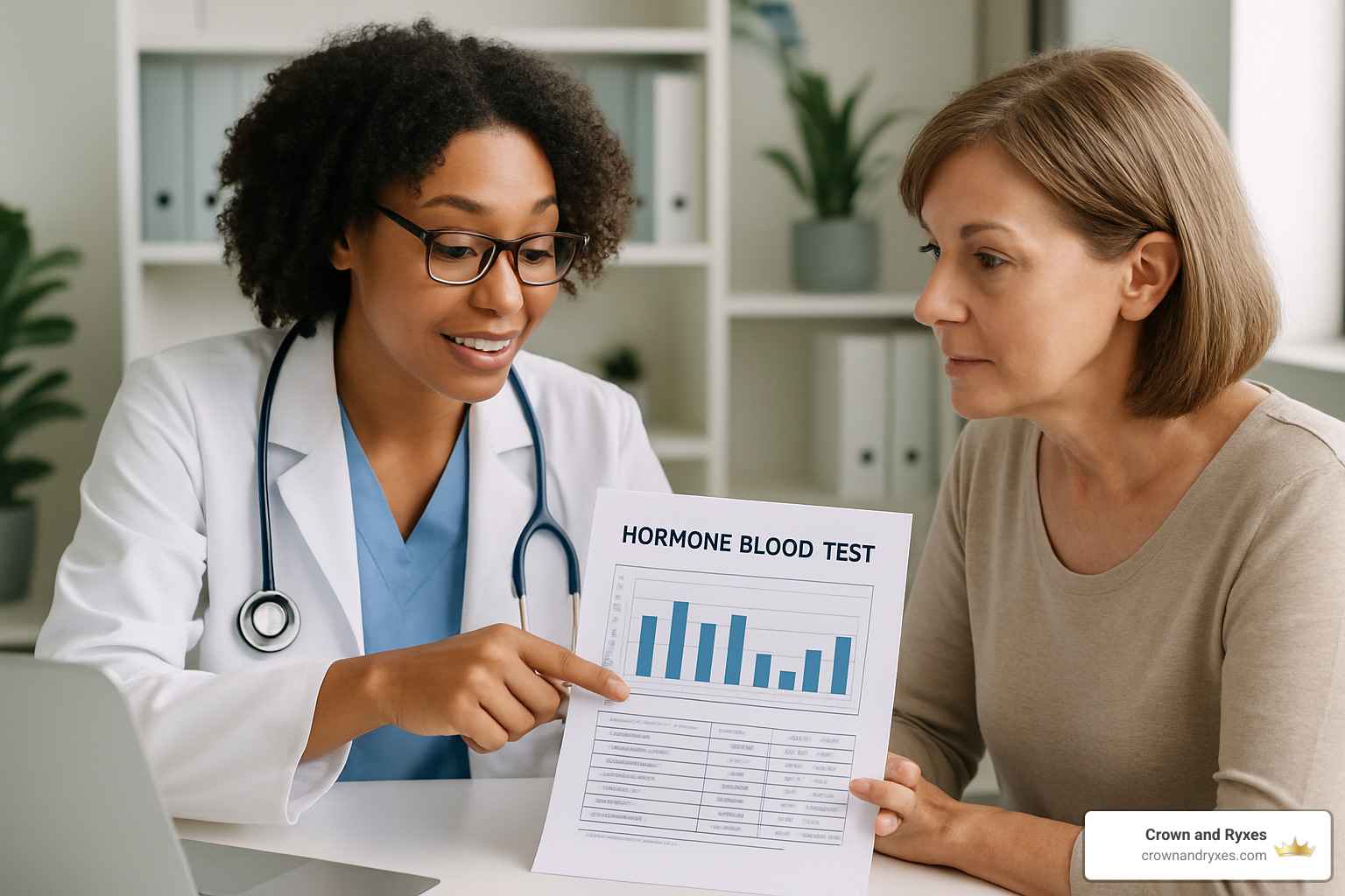 Doctor explaining hormone test results to female patient - Hormonal balance for women