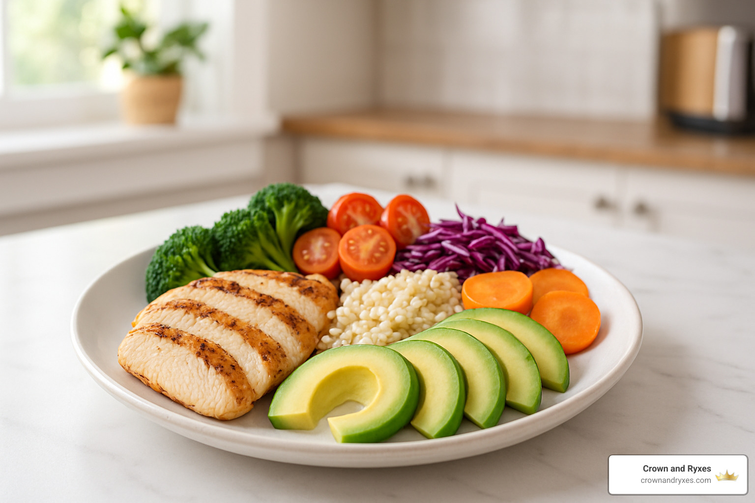 Balanced plate with vegetables, lean protein, whole grains, and healthy fats - Hormonal balance for women