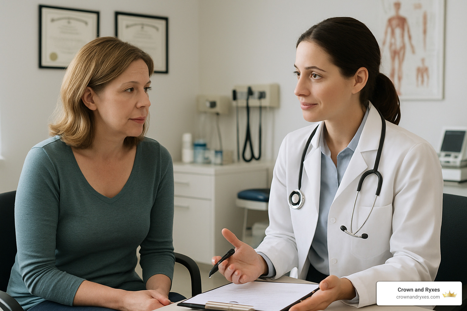 Woman discussing health concerns with female doctor in office setting - Hormonal balance for women