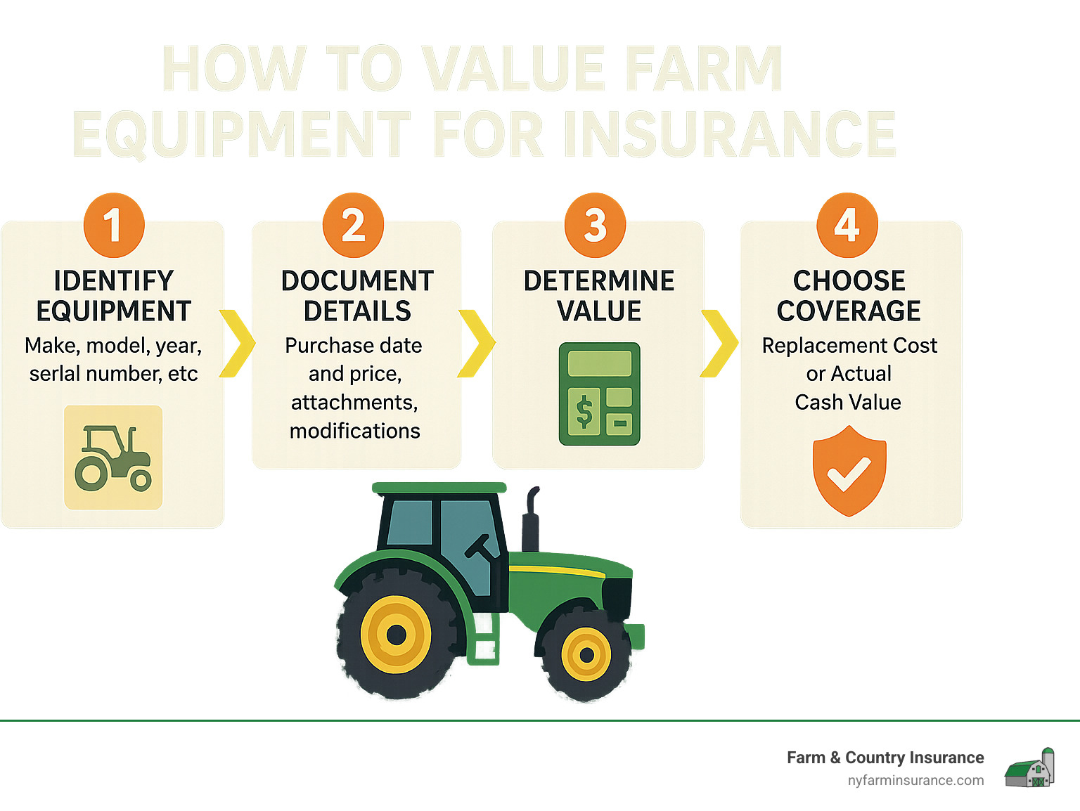 Detailed workflow showing how to properly value farm equipment for insurance purposes - agricultural equipment insurance infographic Detailed workflow showing how to properly value farm equipment for insurance purposes - agricultural equipment insurance infographic