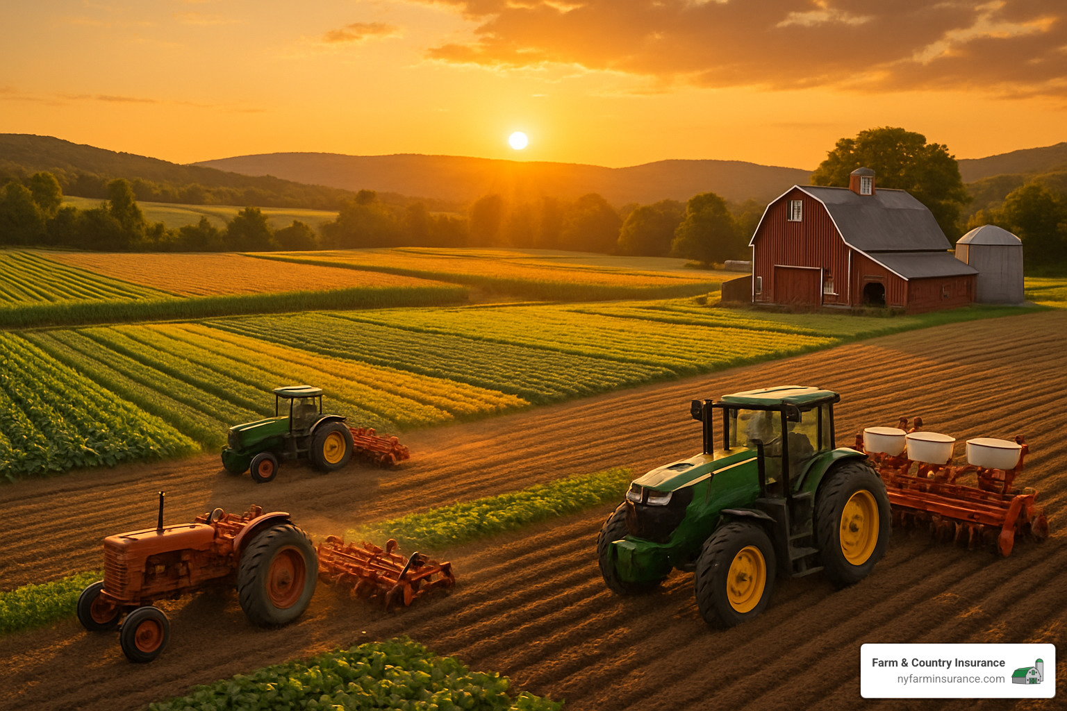 diversified New York farm with equipment at sunset - agricultural equipment insurance diversified New York farm with equipment at sunset - agricultural equipment insurance