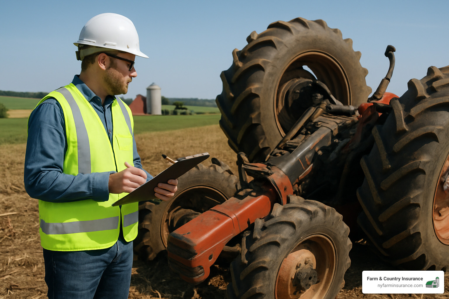 insurance adjuster inspecting overturned tractor in field - agricultural equipment insurance insurance adjuster inspecting overturned tractor in field - agricultural equipment insurance