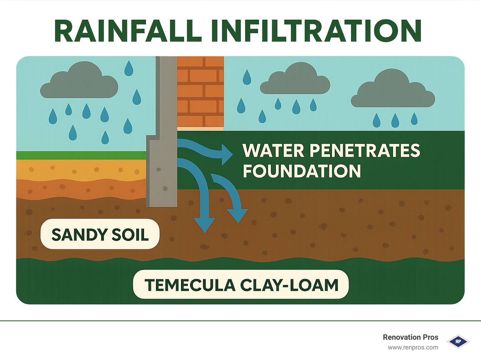 Rainfall infiltration diagram showing how water penetrates foundation - foundation water damage temecula infographic