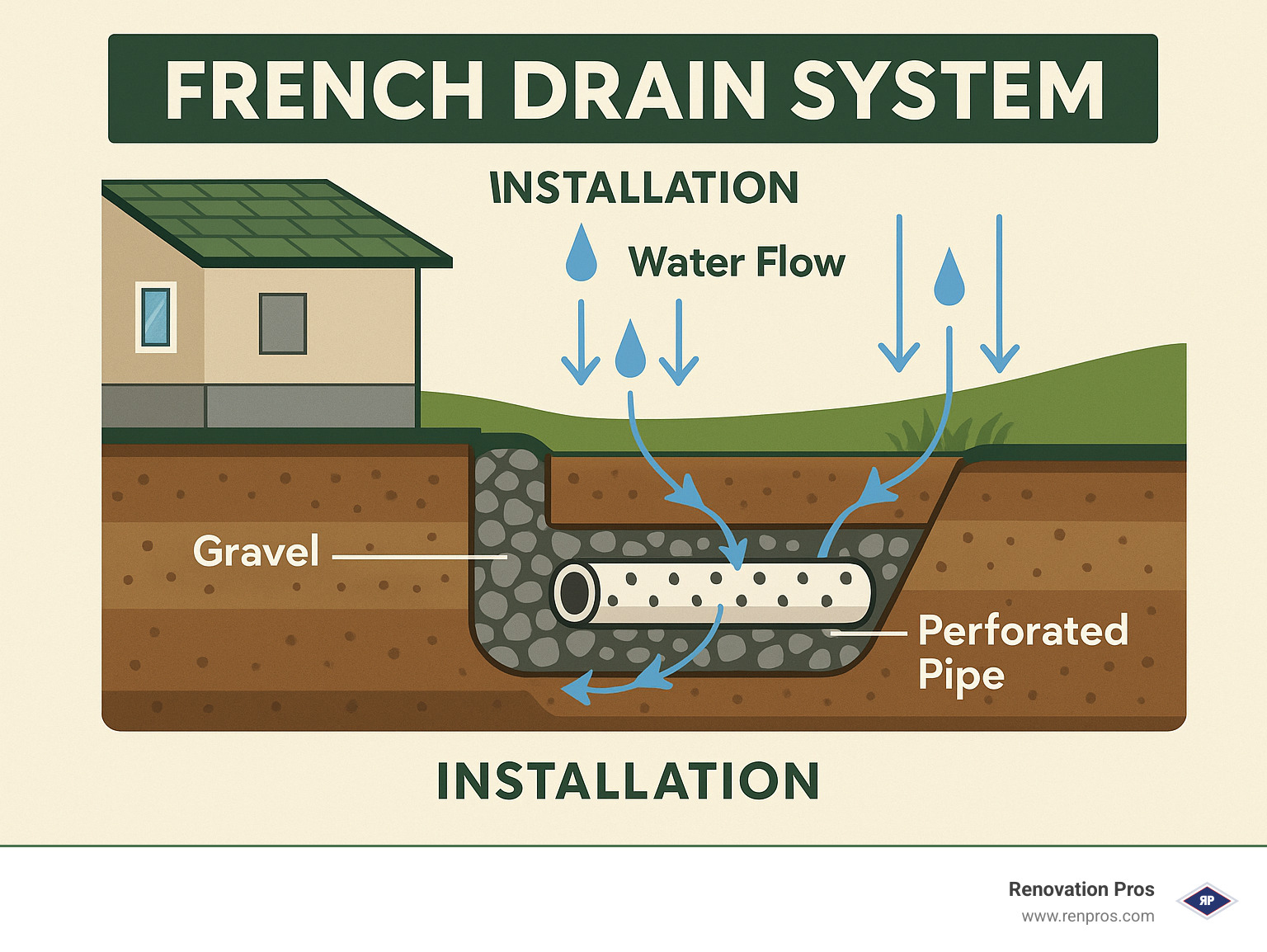 French drain system diagram showing installation and water flow - foundation water damage temecula infographic
